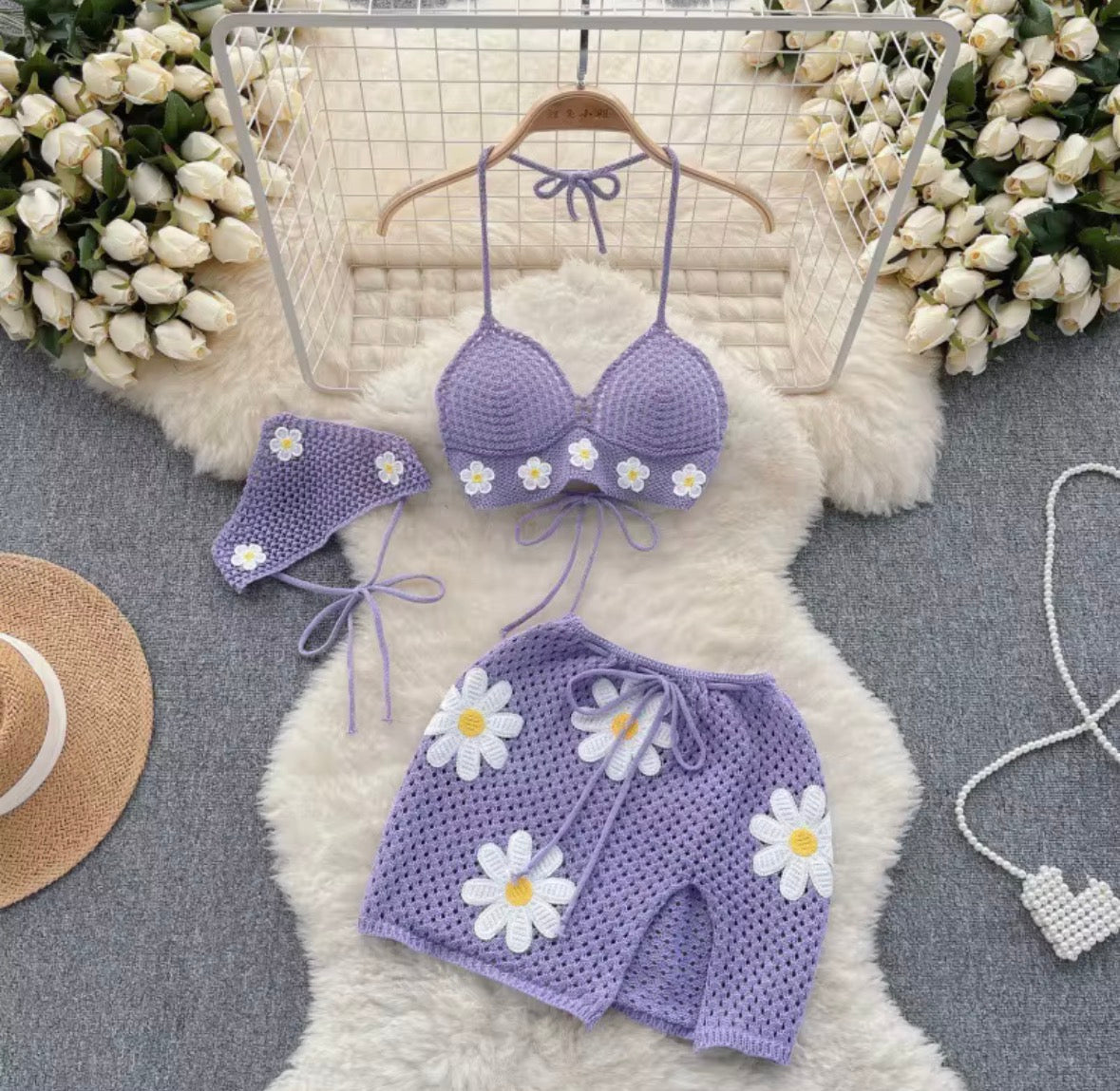 Fun in the sun🌞 Daisy Handmade crochet skirt set with beanie.