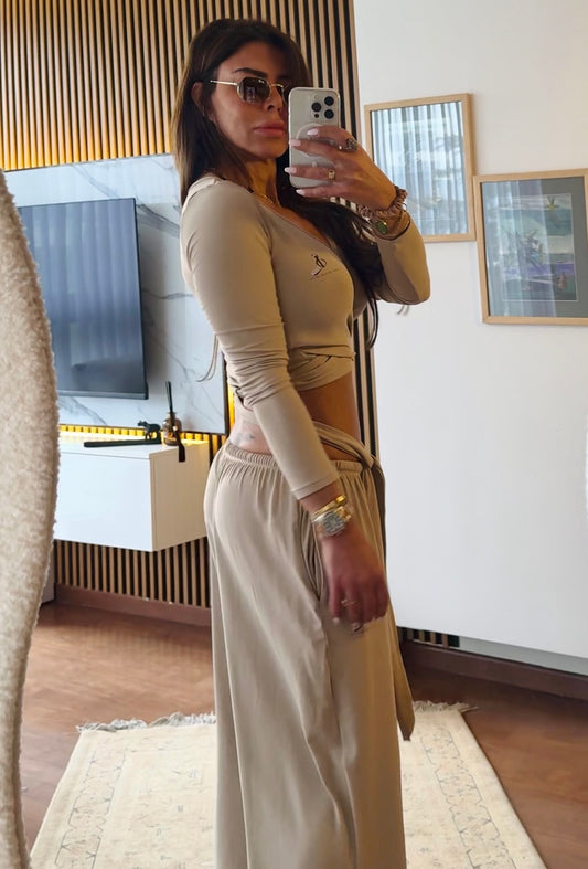 Luxe Lounge Ballerina wrap around top, wide leg pants