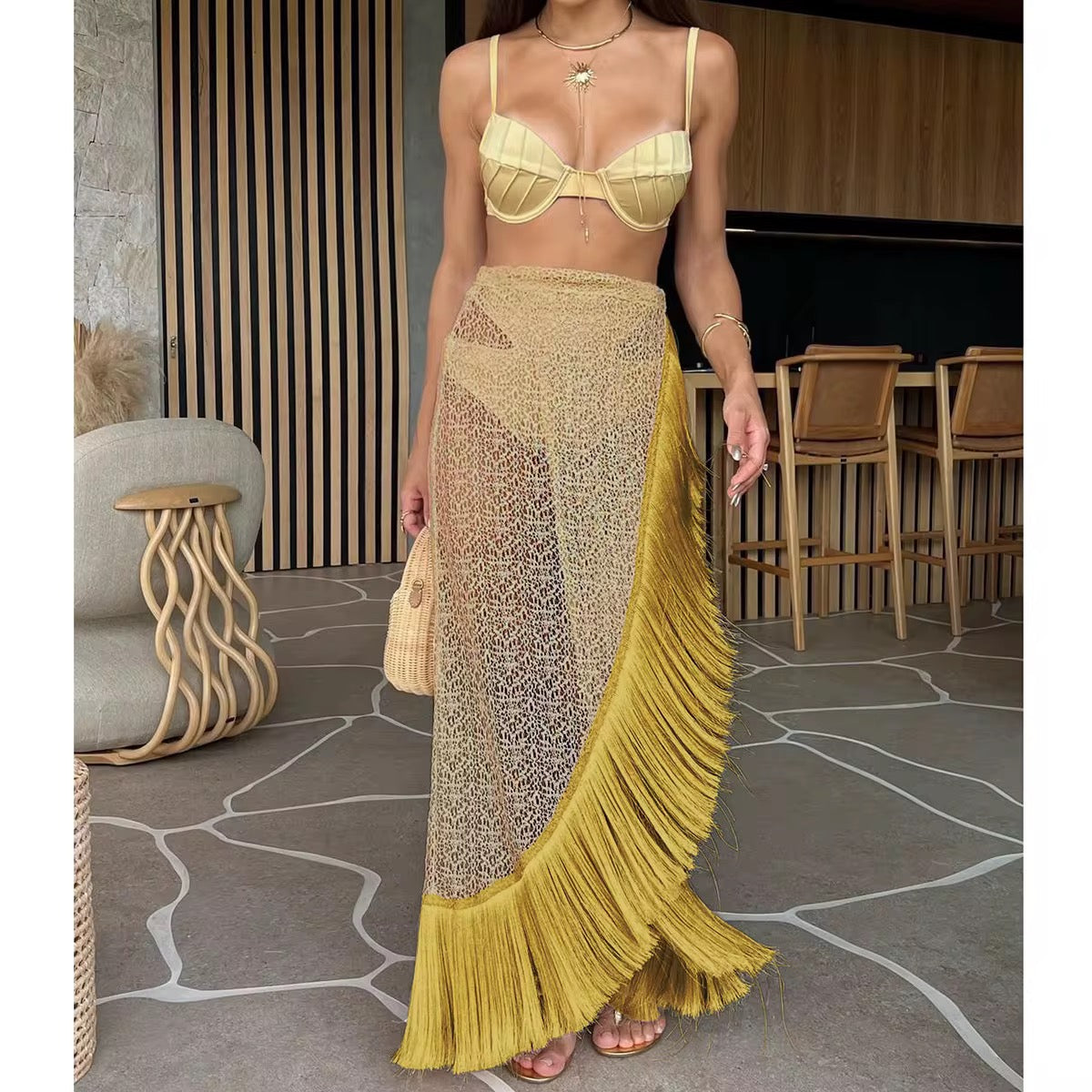Women’s High Waist 3 Pc Swimsuit Set with Lace Tassel Skirt