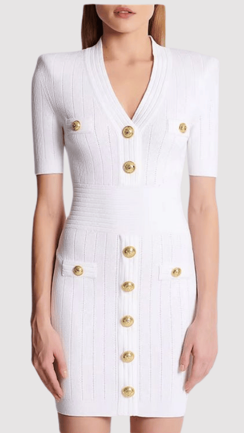 Sagoni V-Neck Gold Button Short Sleeves Mini Dress