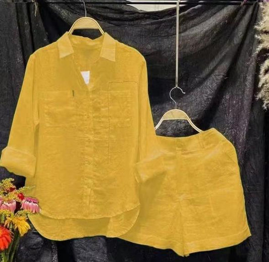 Cotton and Linen Blend Long Sleeve Shorts Set