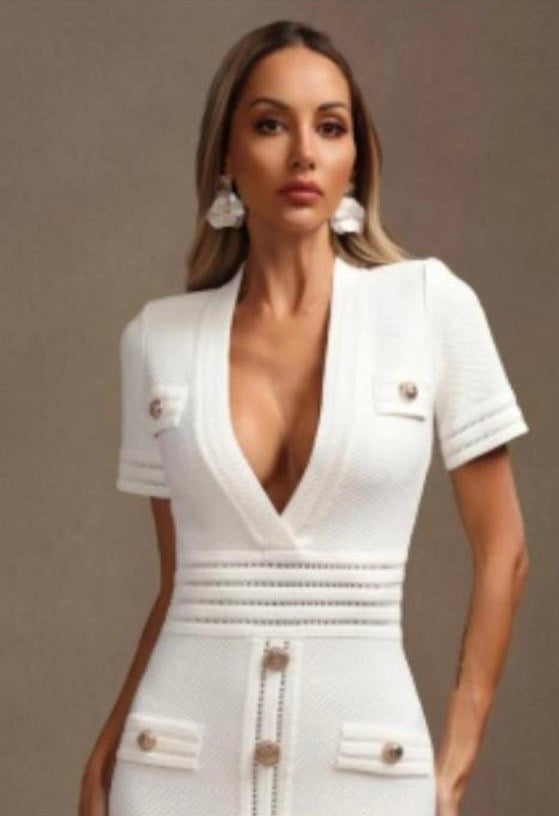 Sagoni V-Neck Gold Button Short Sleeves Mini Dress