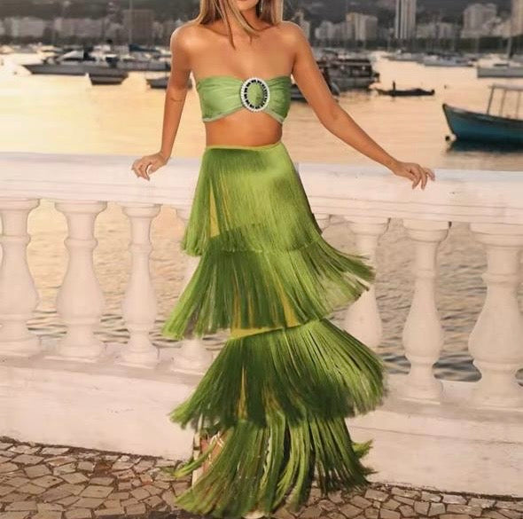 Elite collection green tassel skirt set
