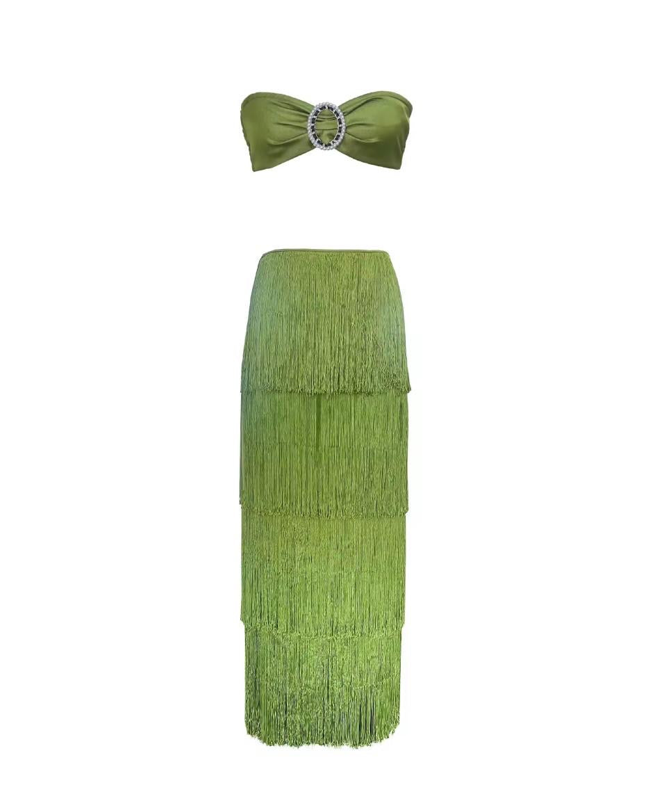 Elite collection green tassel skirt set