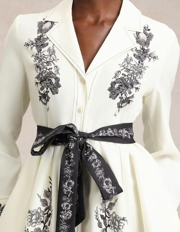 Sarah Long Sleeve Floral Printed Bowknot Shirt Mini Dress
