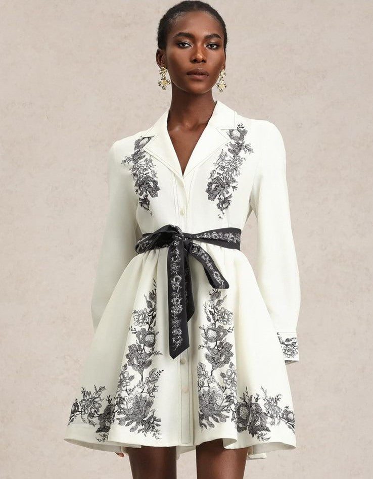 Sarah Long Sleeve Floral Printed Bowknot Shirt Mini Dress
