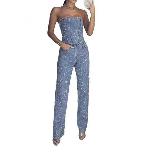 Rhinestone jeans pants