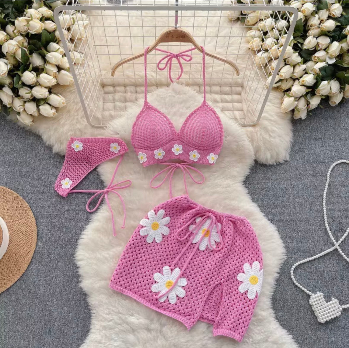 Fun in the sun🌞 Daisy Handmade crochet skirt set with beanie.