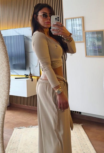 Luxe Lounge Ballerina wrap around top, wide leg pants
