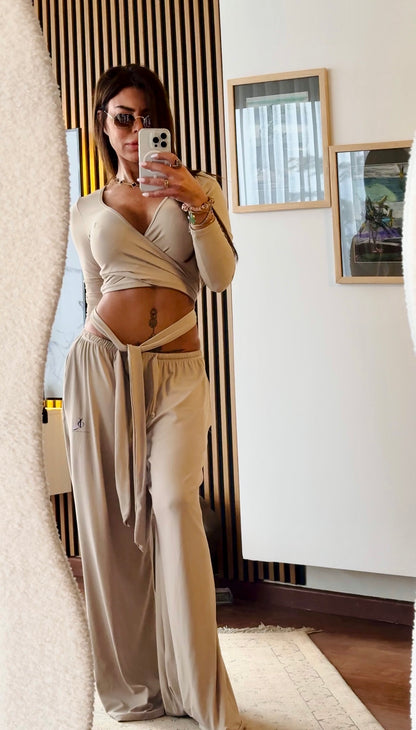 Luxe Lounge Ballerina wrap around top, wide leg pants