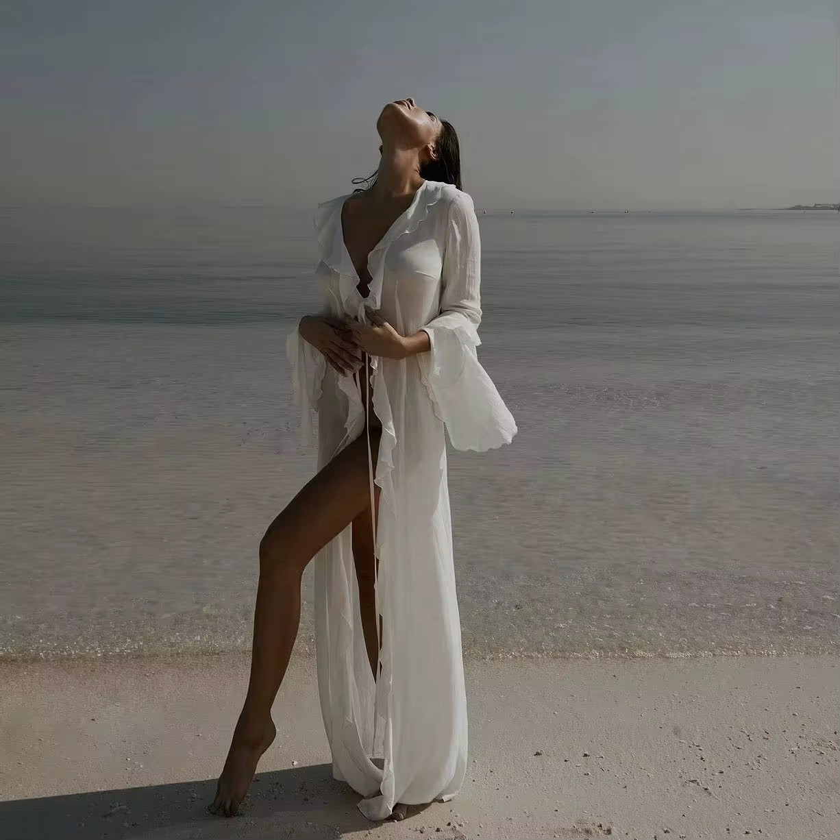 Sheer high slit long cover up dress
