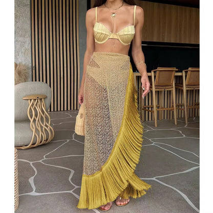 Women’s High Waist 3 Pc Swimsuit Set with Lace Tassel Skirt