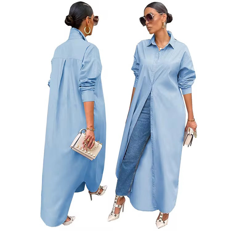 silky soft long button down shirt dress
