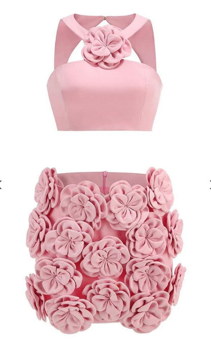 Ezgi Flower Halter Top Mini Skirt Set