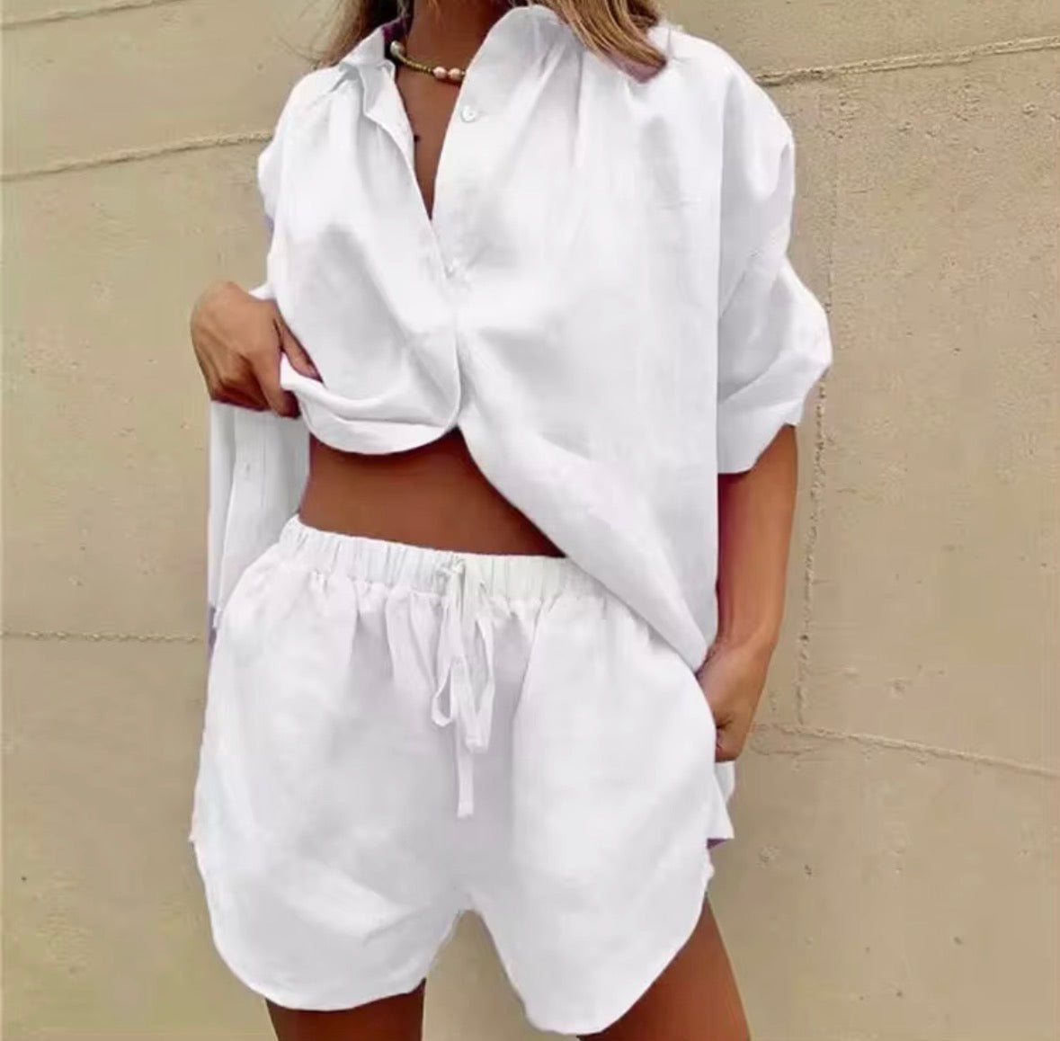 Cotton and Linen Blend Long Sleeve Shorts Set