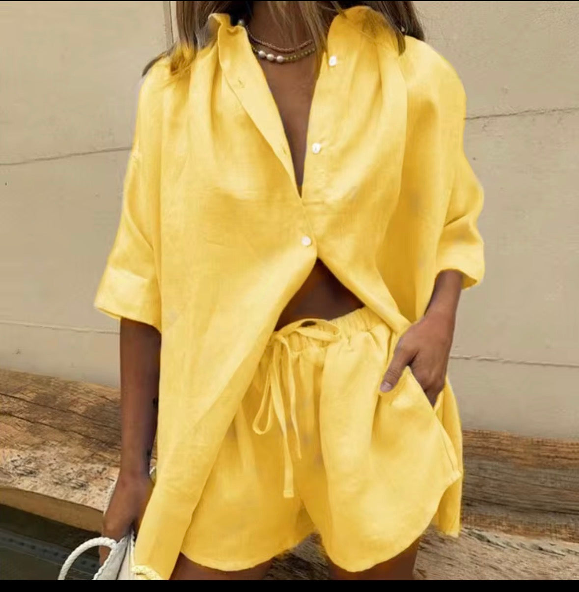 Cotton and Linen Blend Long Sleeve Shorts Set