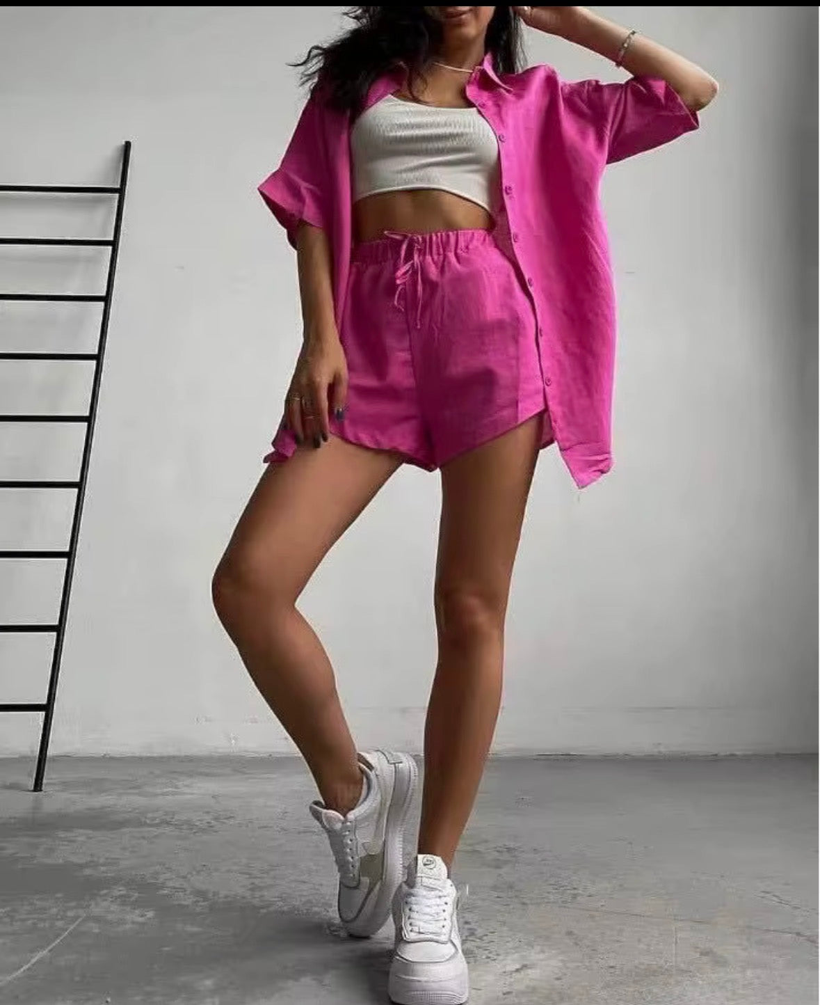 Cotton and Linen Blend Long Sleeve Shorts Set