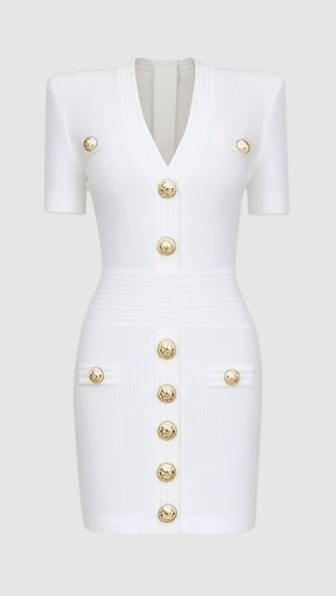 Sagoni V-Neck Gold Button Short Sleeves Mini Dress