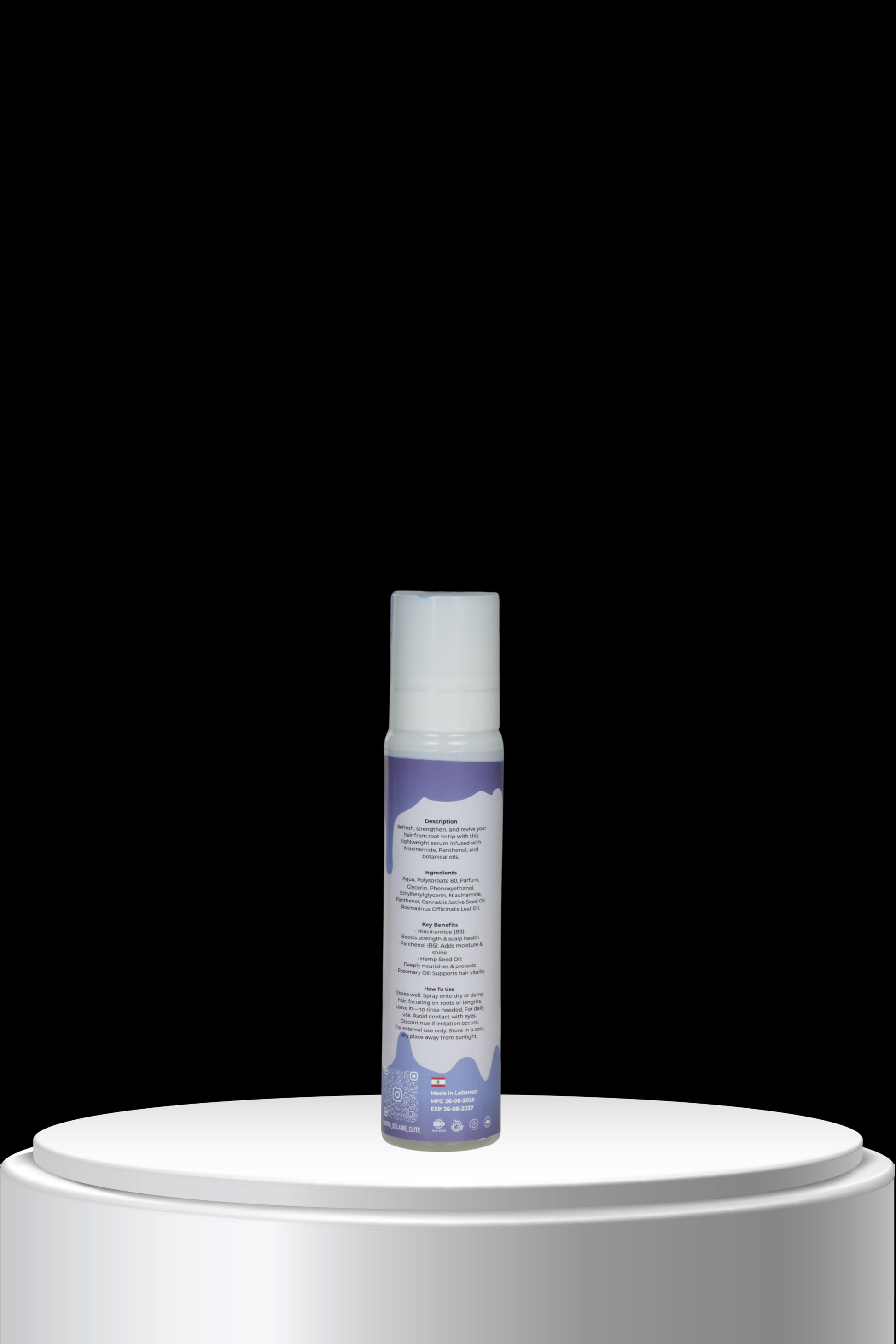 Hair spritz (ISO certified) light musk-scented this Hemp Seed Oil fatty-acid richness helps smooth strands without weighing the hair down, a blend to help rise&thicken your roots while maintaining its shine