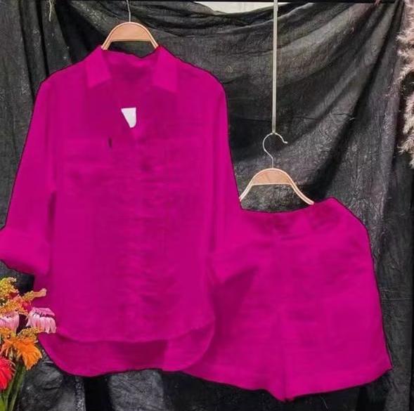 Cotton and Linen Blend Long Sleeve Shorts Set