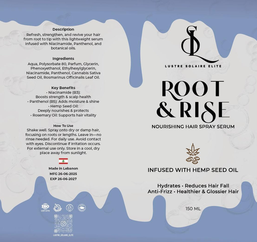 Hair spritz (ISO certified) light musk-scented this Hemp Seed Oil fatty-acid richness helps smooth strands without weighing the hair down, a blend to help rise&thicken your roots while maintaining its shine