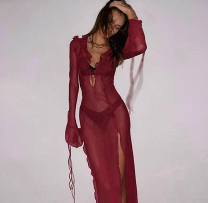 Sheer high slit long cover up dress