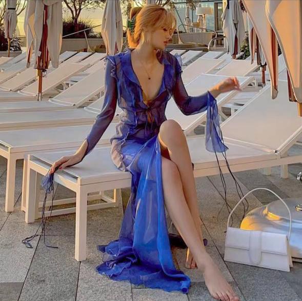 Sheer high slit long cover up dress