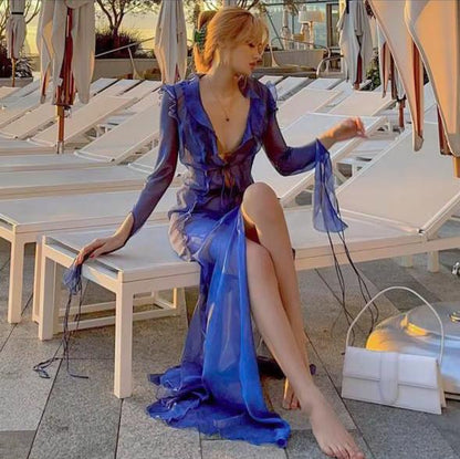 Sheer high slit long cover up dress