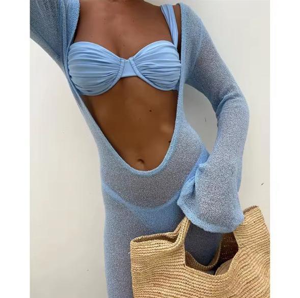 Open front long blue knit cover up