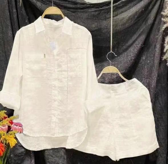 Cotton and Linen Blend Long Sleeve Shorts Set
