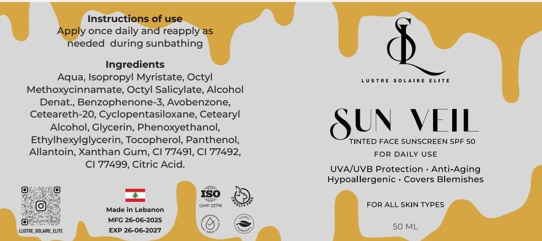 face veil (ISO certified)
Daily Sun Veil with SPF 50+reduce sun spots hydrates, and evens skin tone while delivering a soft matte glowing skin.
