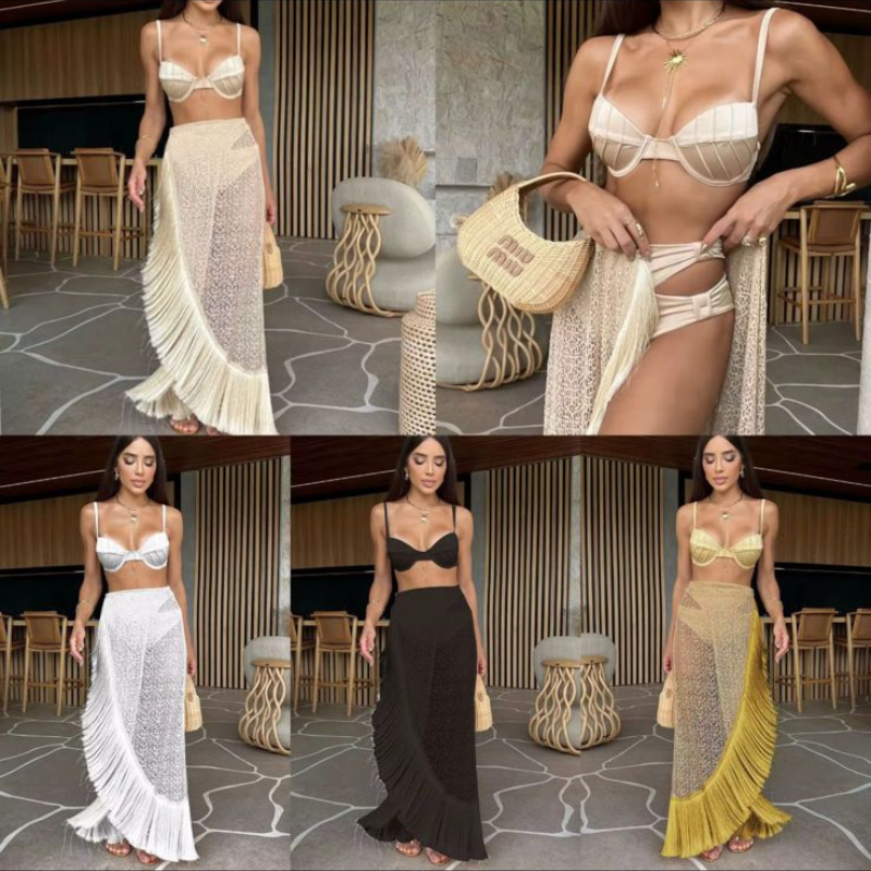 Women’s High Waist 3 Pc Swimsuit Set with Lace Tassel Skirt