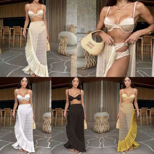 Women’s High Waist 3 Pc Swimsuit Set with Lace Tassel Skirt
