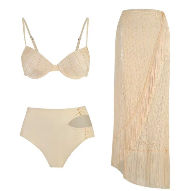 Women’s High Waist 3 Pc Swimsuit Set with Lace Tassel Skirt
