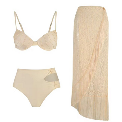 Women’s High Waist 3 Pc Swimsuit Set with Lace Tassel Skirt