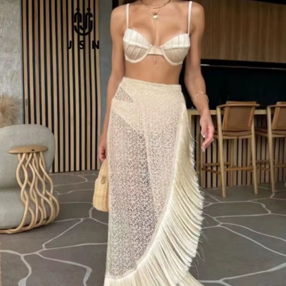 Women’s High Waist 3 Pc Swimsuit Set with Lace Tassel Skirt