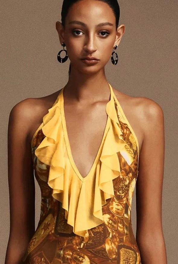 Uri Halter Sleeveless Flounce Printing Maxi Dress