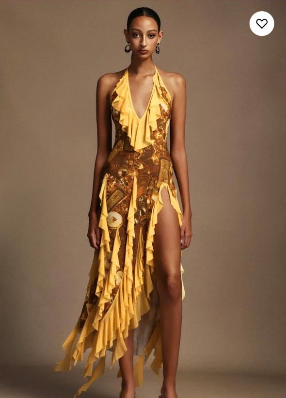 Uri Halter Sleeveless Flounce Printing Maxi Dress