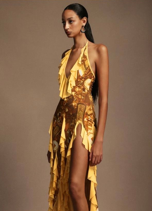 Uri Halter Sleeveless Flounce Printing Maxi Dress