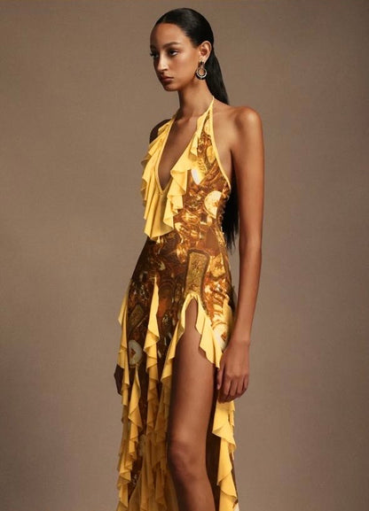 Uri Halter Sleeveless Flounce Printing Maxi Dress