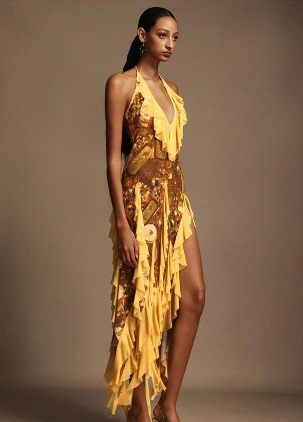 Uri Halter Sleeveless Flounce Printing Maxi Dress