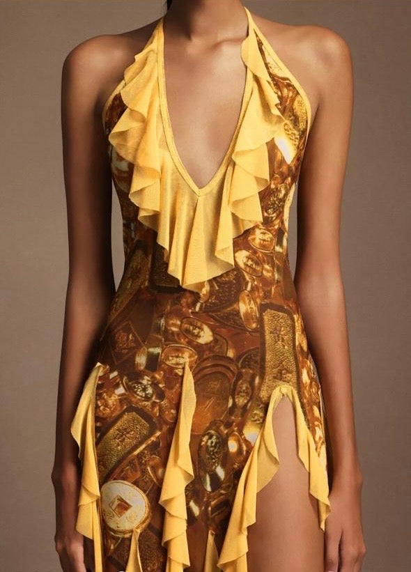 Uri Halter Sleeveless Flounce Printing Maxi Dress