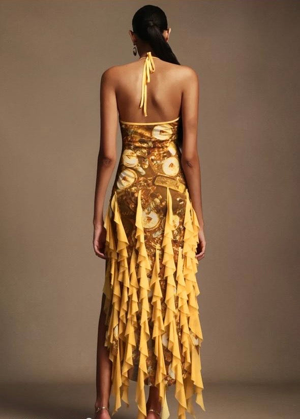 Uri Halter Sleeveless Flounce Printing Maxi Dress