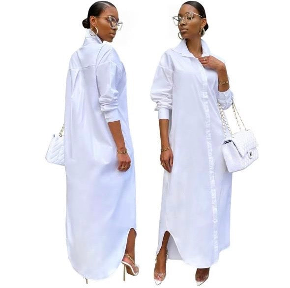 Shirt silky long button down dress