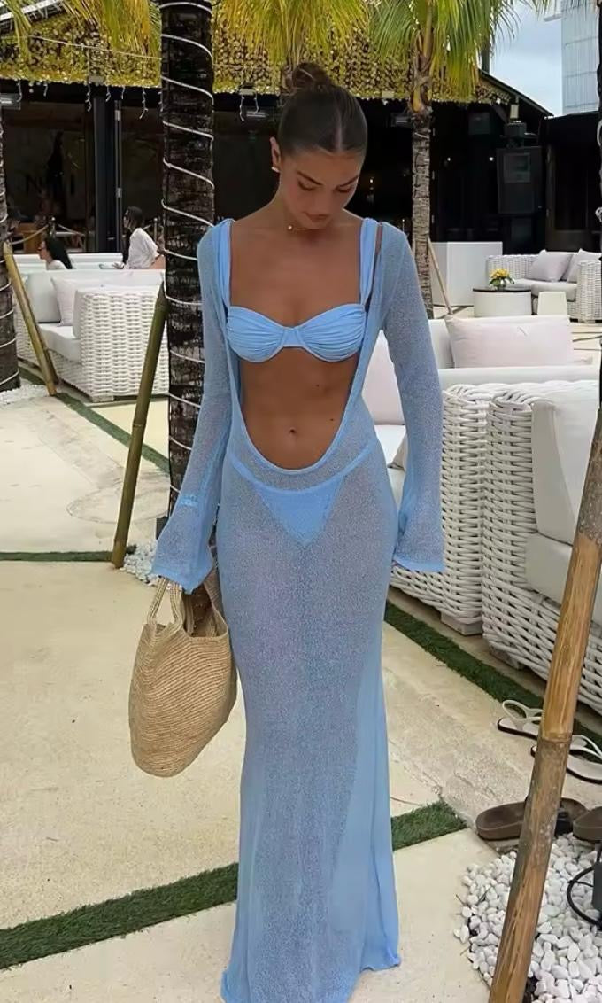 Open front long blue knit cover up