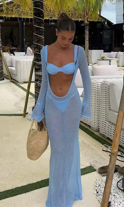 Open front long blue knit cover up